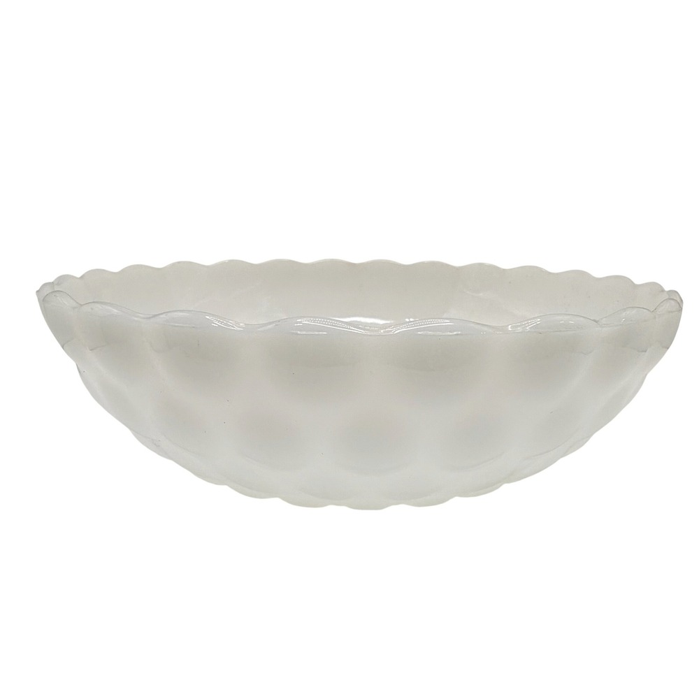 Vintage Anchor Hocking Milk Glass Bubble Hobnail Serving Bowl Scalloped Dish